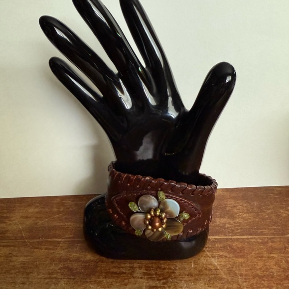 Green and Brown Leather Cuff Bracelet with Floral Centerpiece - Picture 9 of 9